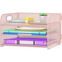 3 Tier Paper Organizer with Handle, Metal Desk Organizer Mesh Paper Letter Tray Desktop File Folder Document Sorter for Classroom, School, Office Accessories Organization and Storage - Pink