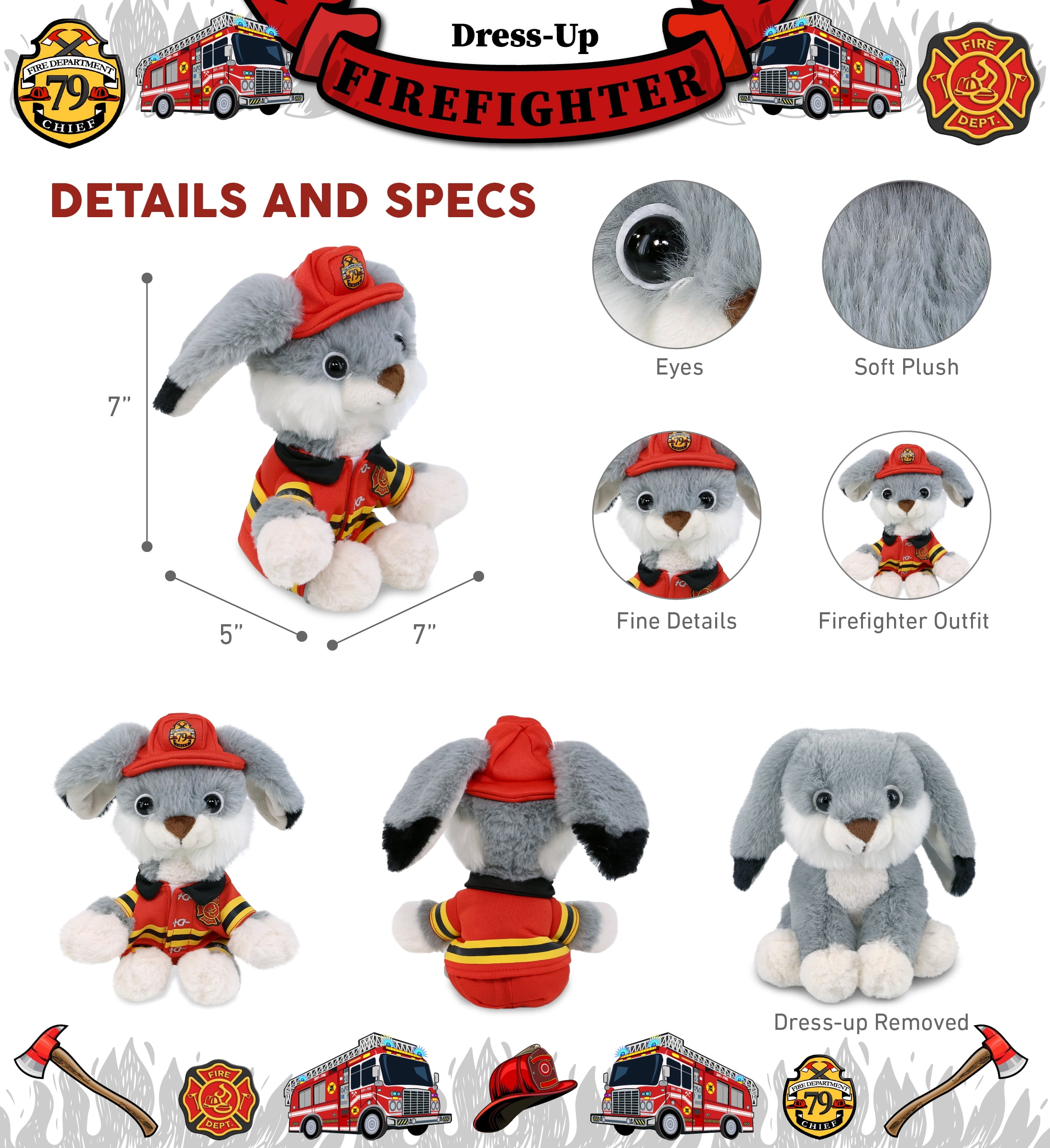 DolliBu Grey Rabbit Firefighter Stuffed Animal - Super Soft Rabbit Fireman Toy with Red Fireman Costume Outfit and Fireman Hat, Farm Life Stuffed Animal Fire Fighter Doll Plush Toy for Kids - 7 Inch