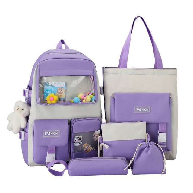 5pcs Kawaii School Backpack Canvas Student Mochila Pencil Case Set (Purple)