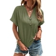 thumbnail image 3 of Solid Color V-Neck Women Short Sleeved Button Henley T-Shirt Tops, 3 of 4