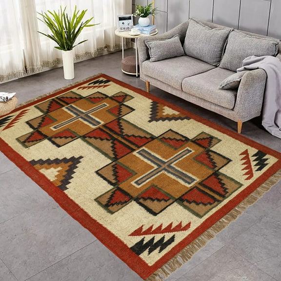 Kilim Wool Jute Rug – Handwoven Southwestern Area Rug with Tribal Geometric Pattern & Fringe 3 x 5  FEET