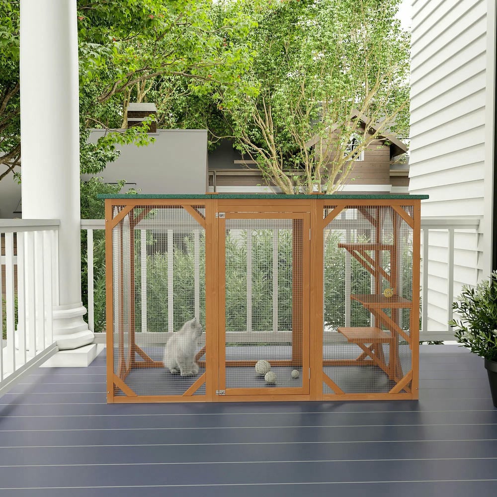 GVN Cat Catio Enclosure, Cat Cage House,Outdoor Cat House, Catio Wooden Feral Cat Shelter, Cat Cage with Platforms, Orange