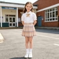 thumbnail image 6 of Girls Uniform Outfit Short Sleeve Puff Sleeve Collared Shirt Plaid Pleated Skirt Set 2 Piece Yellow 3-4 Years, 6 of 6