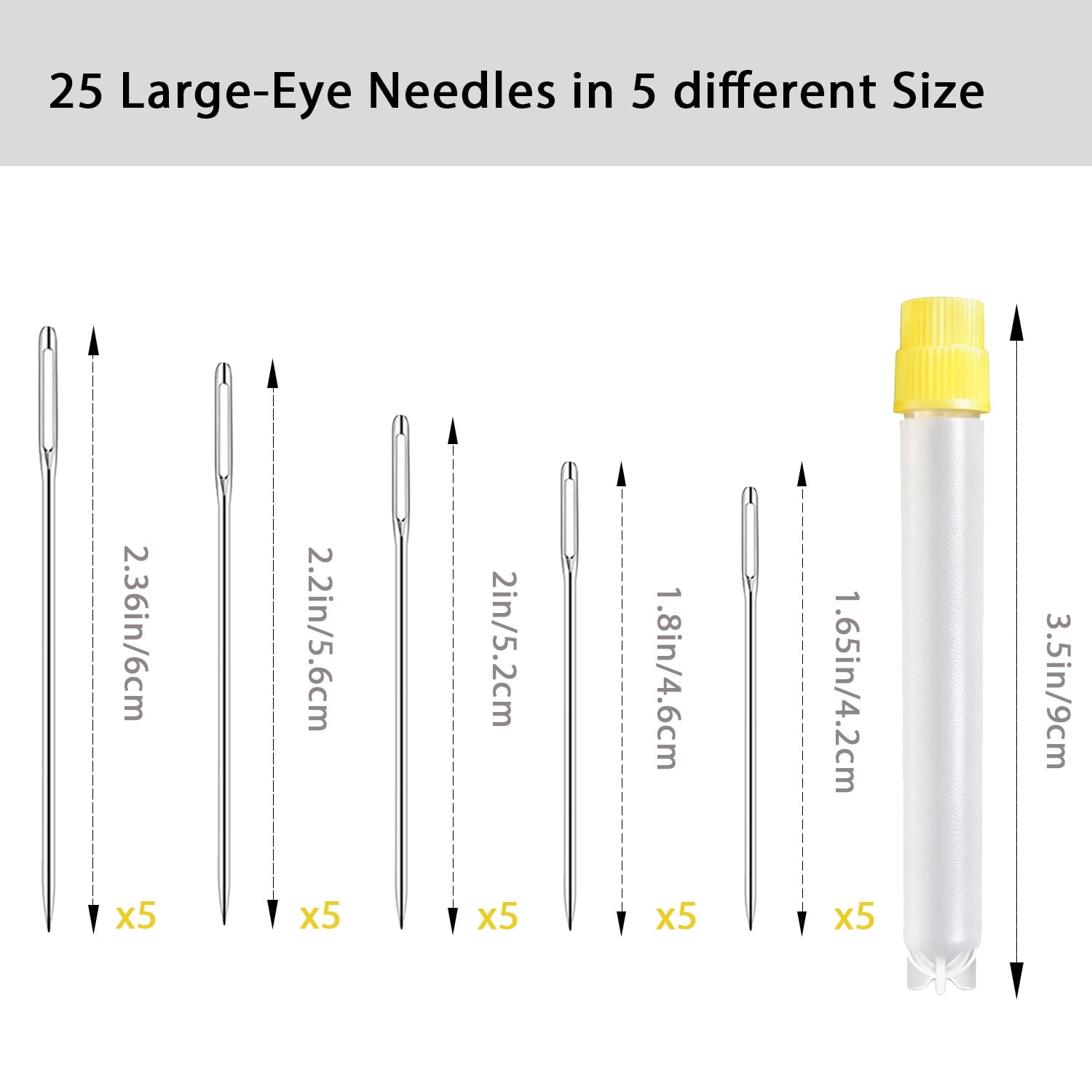 25 PCS Large Eye Sewing Needles, Hand Sewing Sharp Needles Big Eye with Needle Threaders, Stainless Steel Embroidery Needles Assorted Sizes