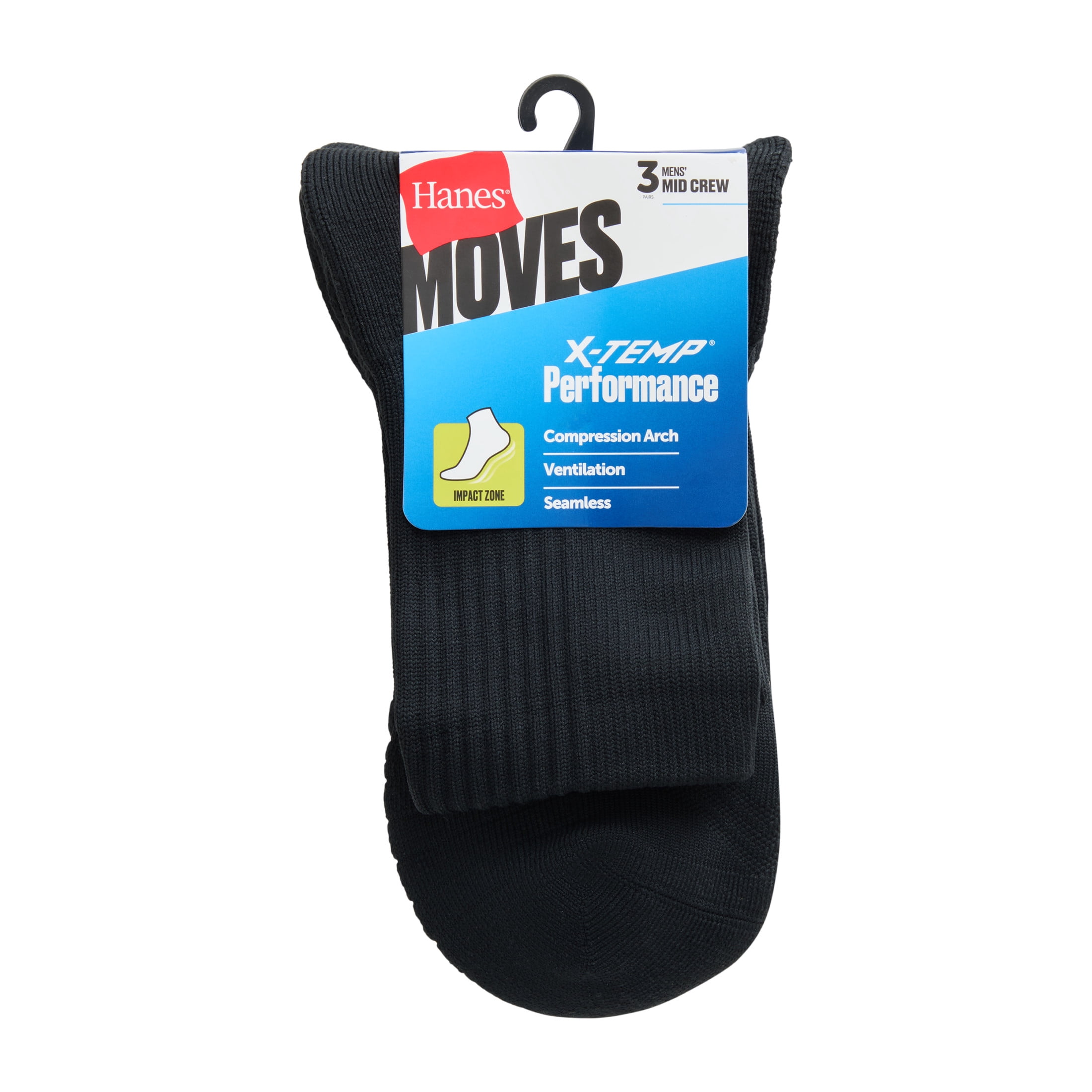 Hanes Mens Hanes Men's Crew Socks, 3-Pack, Moves Impact Zone Cushioned Crew Socks, Shoe Sizes 6-12