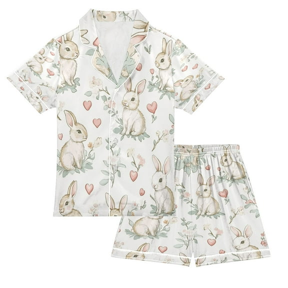 Silky Satin Kids' Pajama Set Breathable & Smooth Unisex Button-Down Pajamas Soft Pastel Bunnies