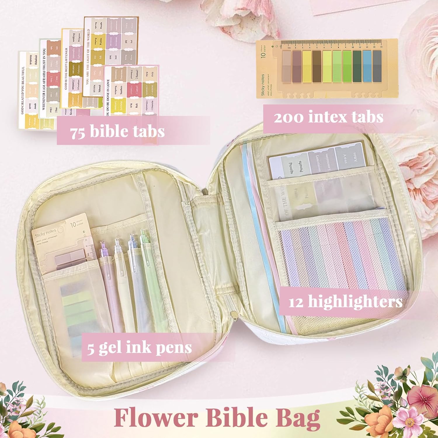 Bible Cover Case for Women,Bible Study Supplies Accessories,Bible Journaling Kit,Pink Flower Carrying Case with Highlighters - Pink Bow