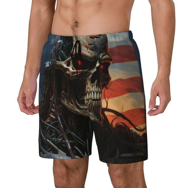 Balery Cyberpunk Skull American Flag Bañador para hombre, shorts de playa de secado rápido con entrepierna y forro de compresión-XX-Large