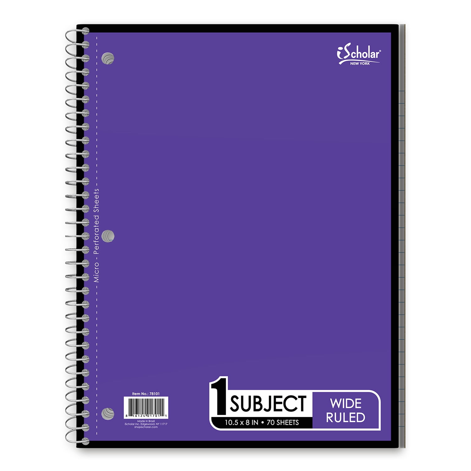 iScholar 1 Subject Notebook, 10.5' x 8', Wide Rule, 70 Sheets, Purple (78101-PU)