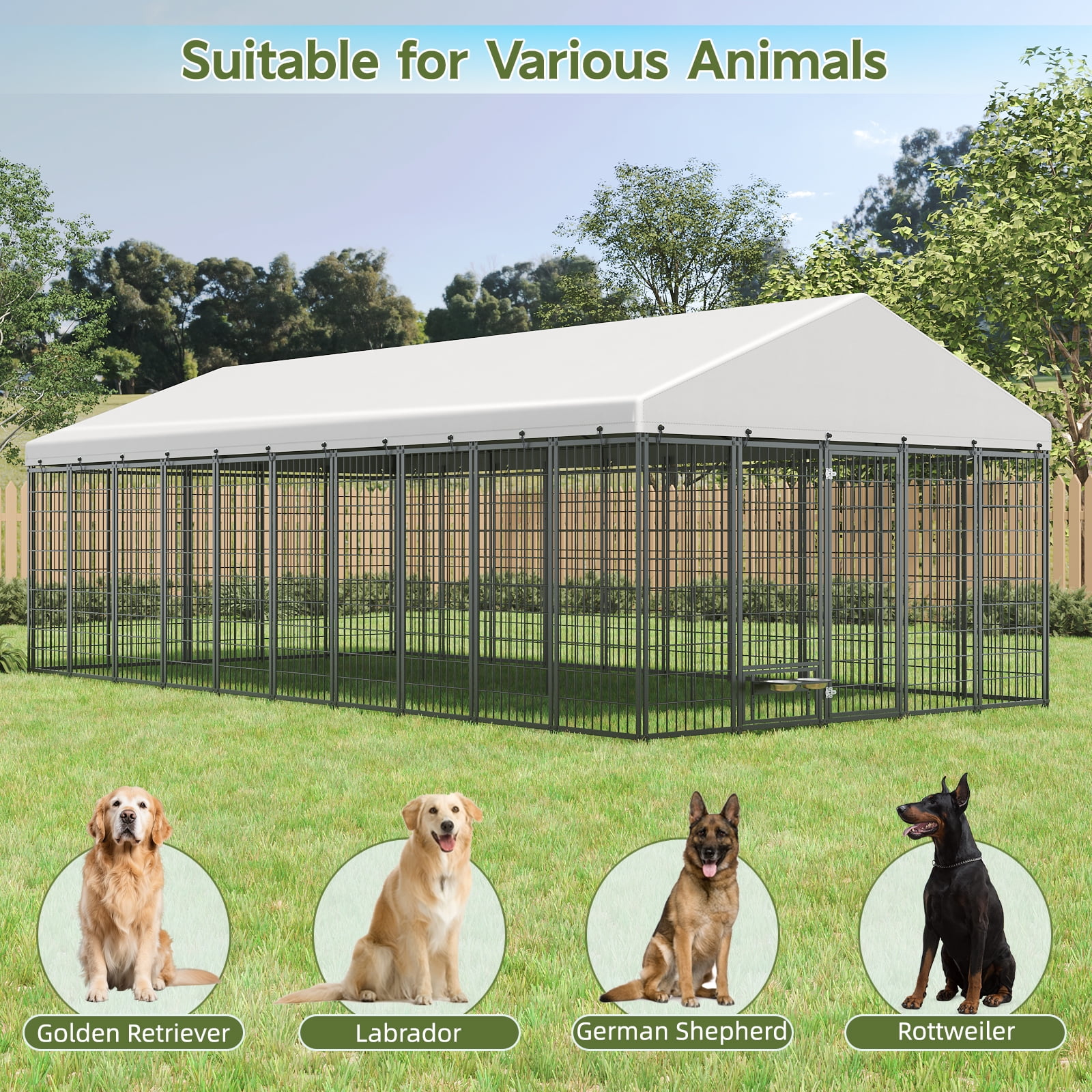 Large Dog Kennel Outdoor Pet Pens Dogs Run Enclosure Animal Hutch Metal Coop Fence with Roof Cover, 18.9'L x 9.61'W x 6.76'H