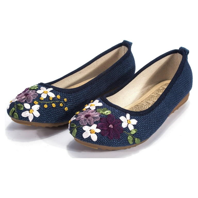 DODOING Womens Ballet Flats Floral Embroidered Cut Platform Shoe
