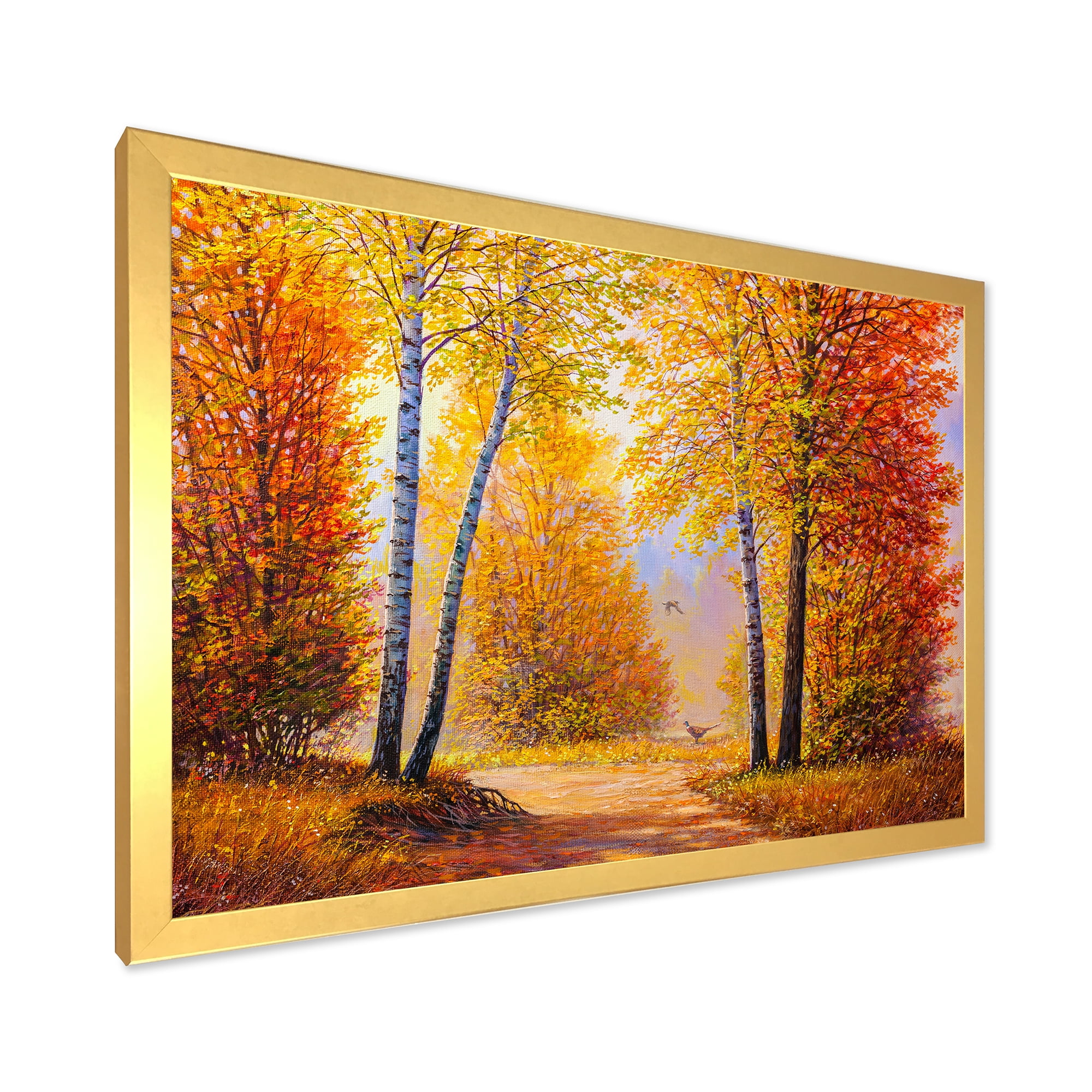 Designart 'Sunrise Glow Through The Autumn Trees' Lake House Framed Art Print