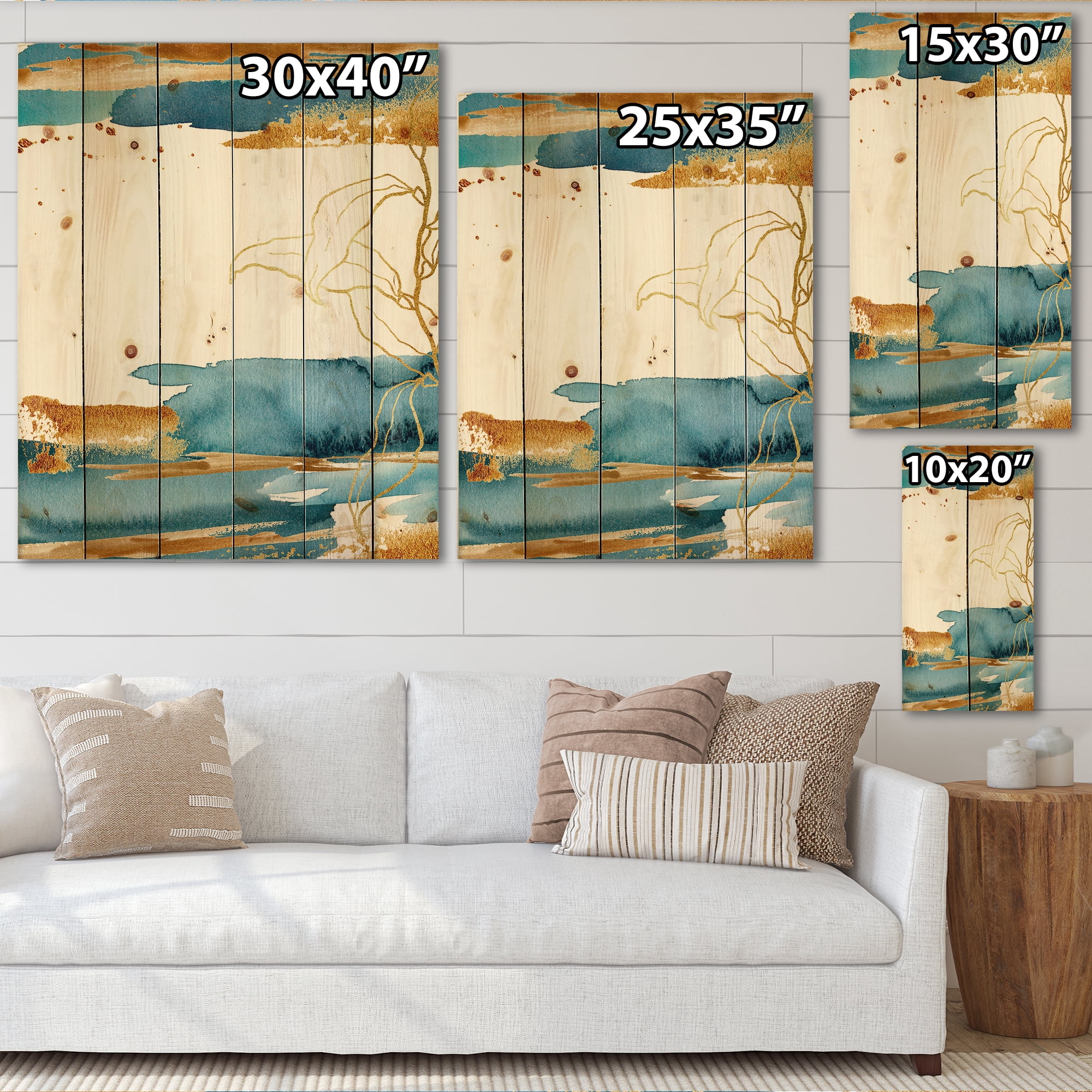 Designart 'Abstract Golden Laminaria Branch & Leaves' Traditional Print on Natural Pine Wood