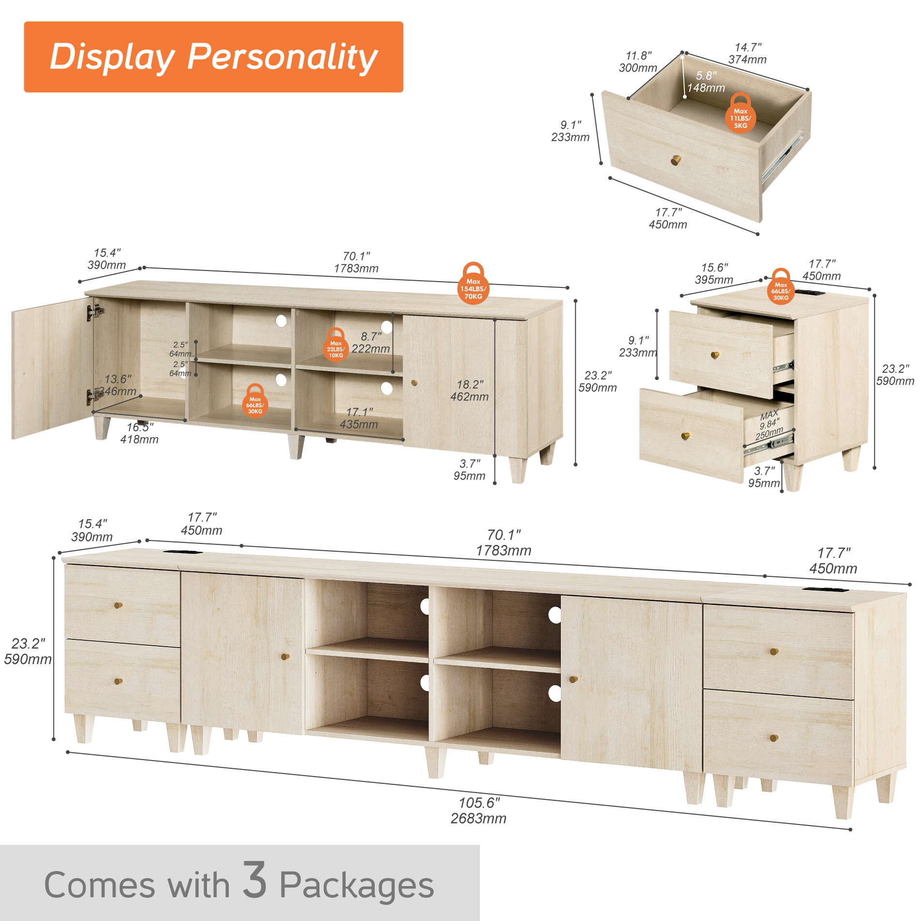 WAMPAT 3-in-1 TV Stand with Doors and Charging Station, 105" Modern Wood Entertainment Center Media Console for 110+ inch TVs, Light Oak