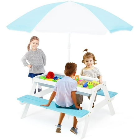 Kids Picnic Table, 4 in 1 Convertible Sand & Water Table with 2 Removable Trays, Height Adjustable Umbrella, Kids Outdoor Table and Benches Set for Backyard, Garden, Playtime (Blue)