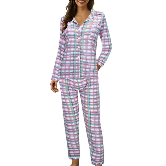 Women Casual Lapel Button Print Two Piece Long Sleeve Pajamas Pajamas Suit Plaid Set for Women Women Plaid Pajamas Suede Pajamas Midnight Affair Camisole Set Super Comfy Womens Pajamas Pajama