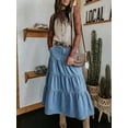thumbnail image 3 of EMMIOL Women's High Waisted Tiered Denim Maxi Skirt Vintage A-Line Swing Jean Skirt with Pockets Casual Boho Style, 3 of 10