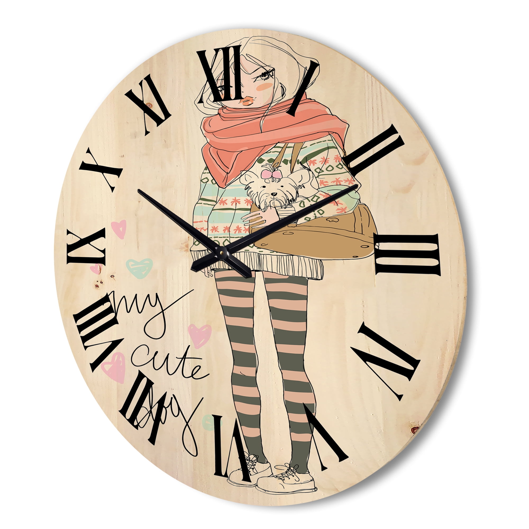 Designart 'My Cute Dog Cute Girl With Dog' Shabby Chic Wood Wall Clock