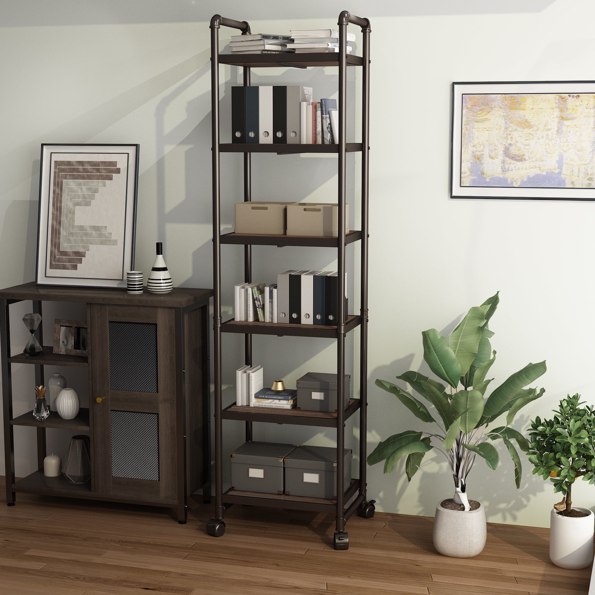 Metal Shelving Unit With Wheels, Wood Bookcase On Wheels