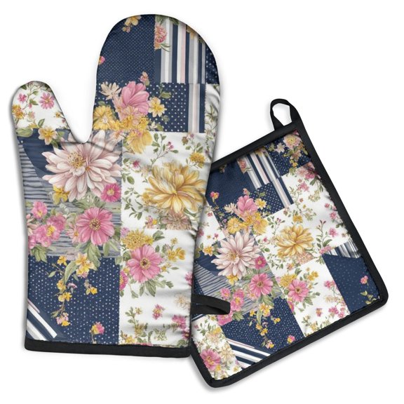 Pioneer Flower Kitchen Oven Mitt and Pot Holder Sets 2 Pcs for Baking, Cooking and Grilling, Heat Resistant Up To 392 °F