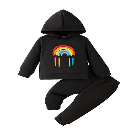 

GWAABD Toddler Clothing Boys Baby Unisex Cotton Rainbow Print Autumn Long Sleeve Pants Hooded Hoodie Pullover Sweatshirt Set Clothes