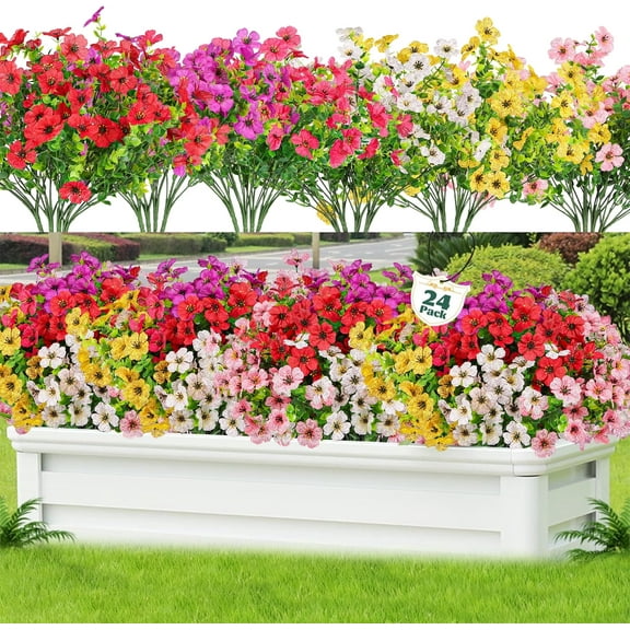 VKFVKF 24 Bundles Artificial Flowers for Outdoors UV Resistant Fake Plastic Plants Faux Boston Fern Greenery Stems for Spring Summer Indoor Garden Patio Window Box Kitchen Home Decor, Mixedcolor