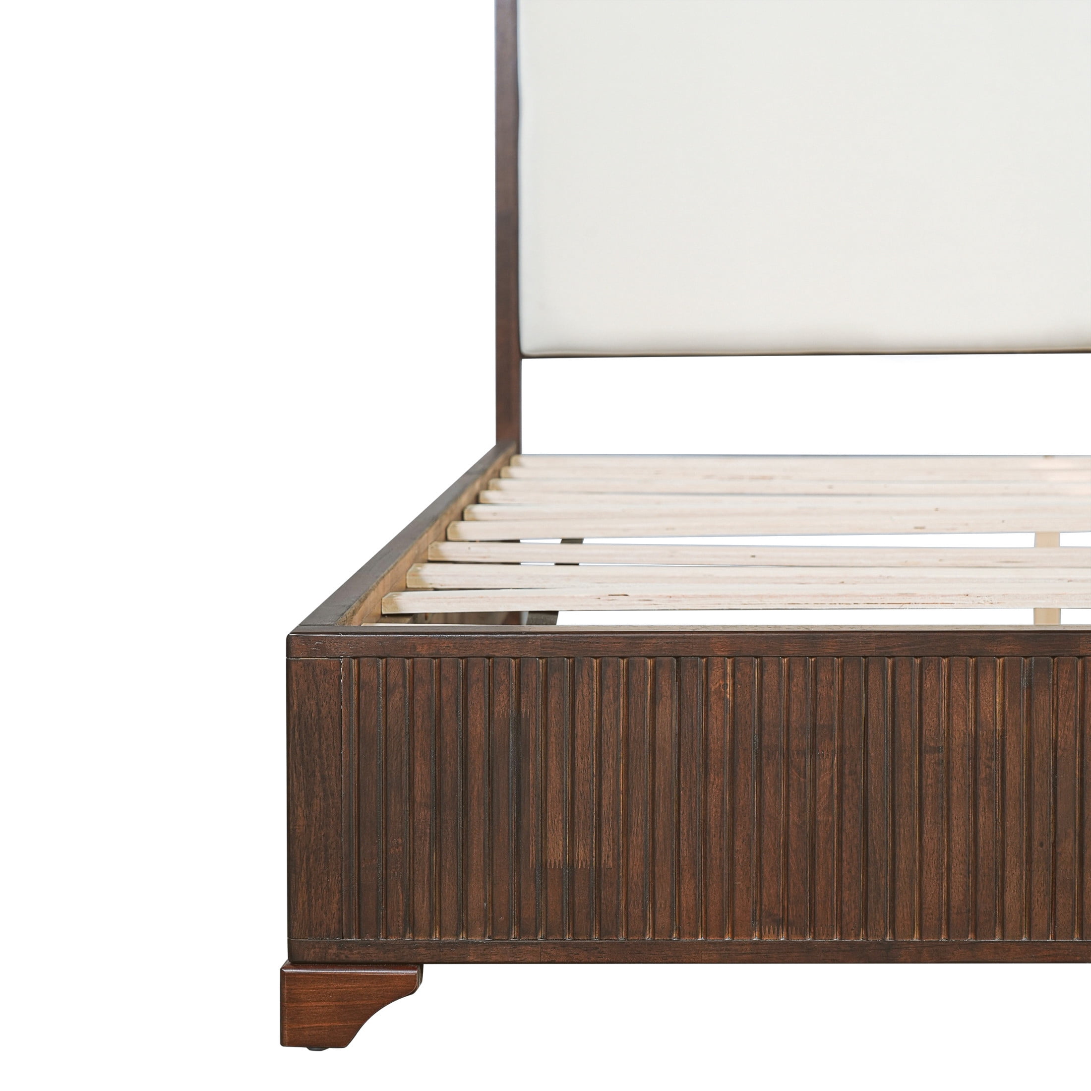Christopher Knight Home Modern Platform Bed Frame with White Fabric Headboard, Queen Size, Dark Walnut