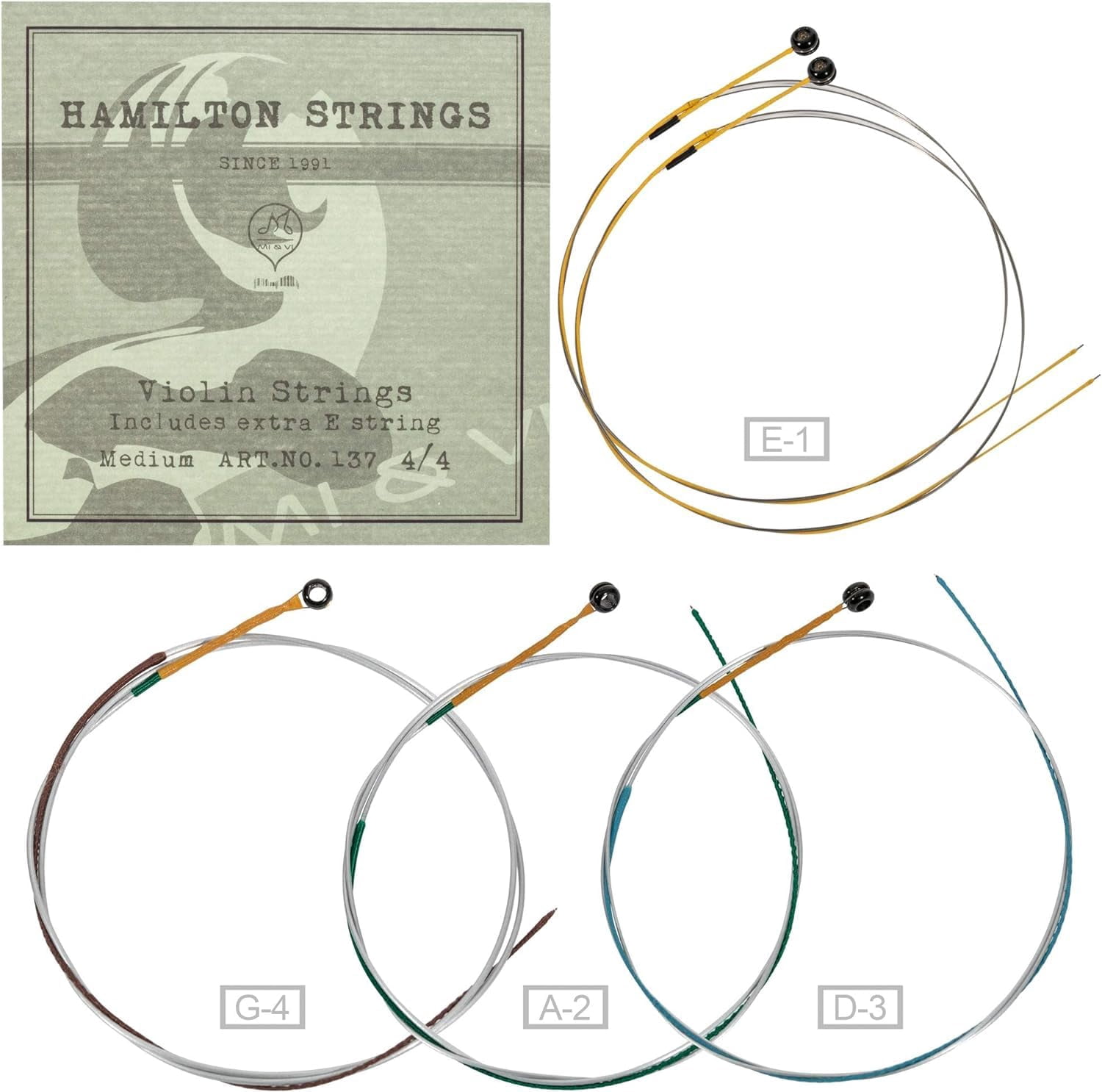 MI&VI Hamilton Violin Strings (2 Case Packs) — 1/2 & 2/4 Scale Full Set (G-D-A-E) with Extra E-String | Germany Steel | Ball-End | Medium Gauge Tension - By MIVI Music