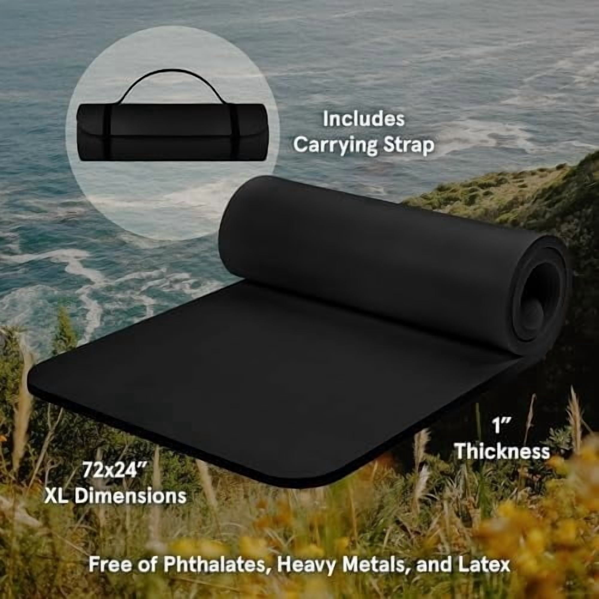Solana Yoga Mat 1" Thick w/Nylon Strap for Men & Women - Non Slip Exercise Mat for Home Yoga, Pilates, Stretching, Floor & Fitness Workouts Black,1 inch