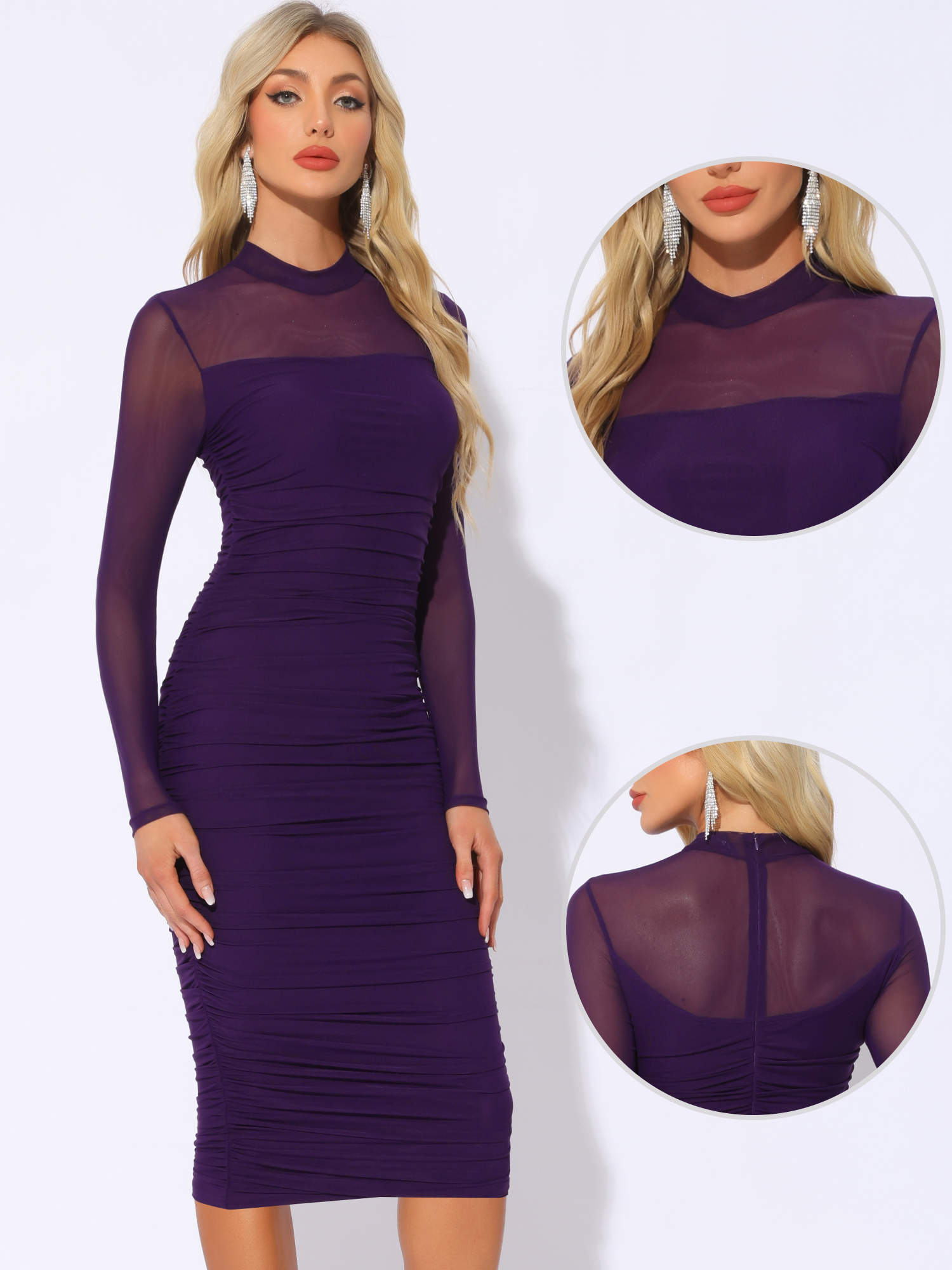 DARING DIVA Mesh Ruch Elegant Cocktail Bodycon Dress XS Purple