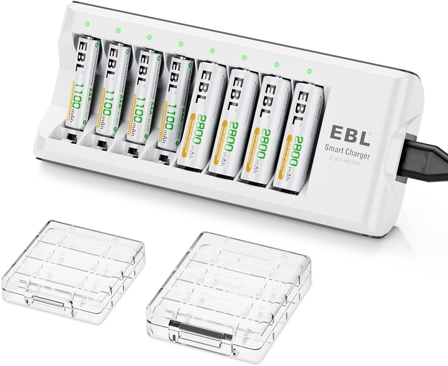 EBL Rechargeable Batteries with Charger, 1.2V NiMH AA Batteries 2800mAh 4Pcs& AAA Batteries 1100mAh 4pcs with 8-Bay Battery Charger