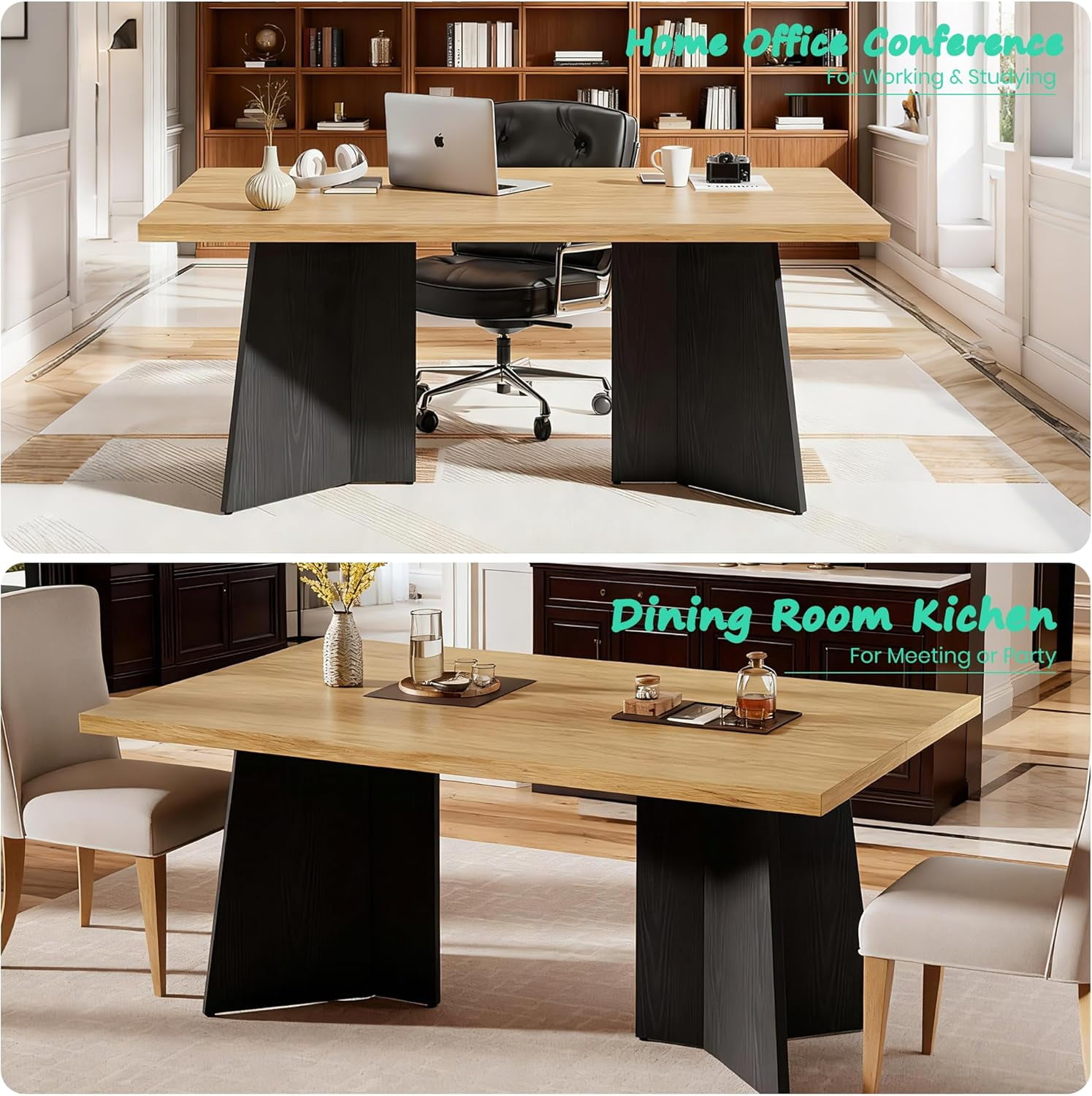 Dining Table for 6-8 People - 63" Modern Long Kitchen Table with Large Tabletop & Heavy Duty Pedestal Legs, Dinner Table for Kitchen, Conference Room, Home, Natural & Black