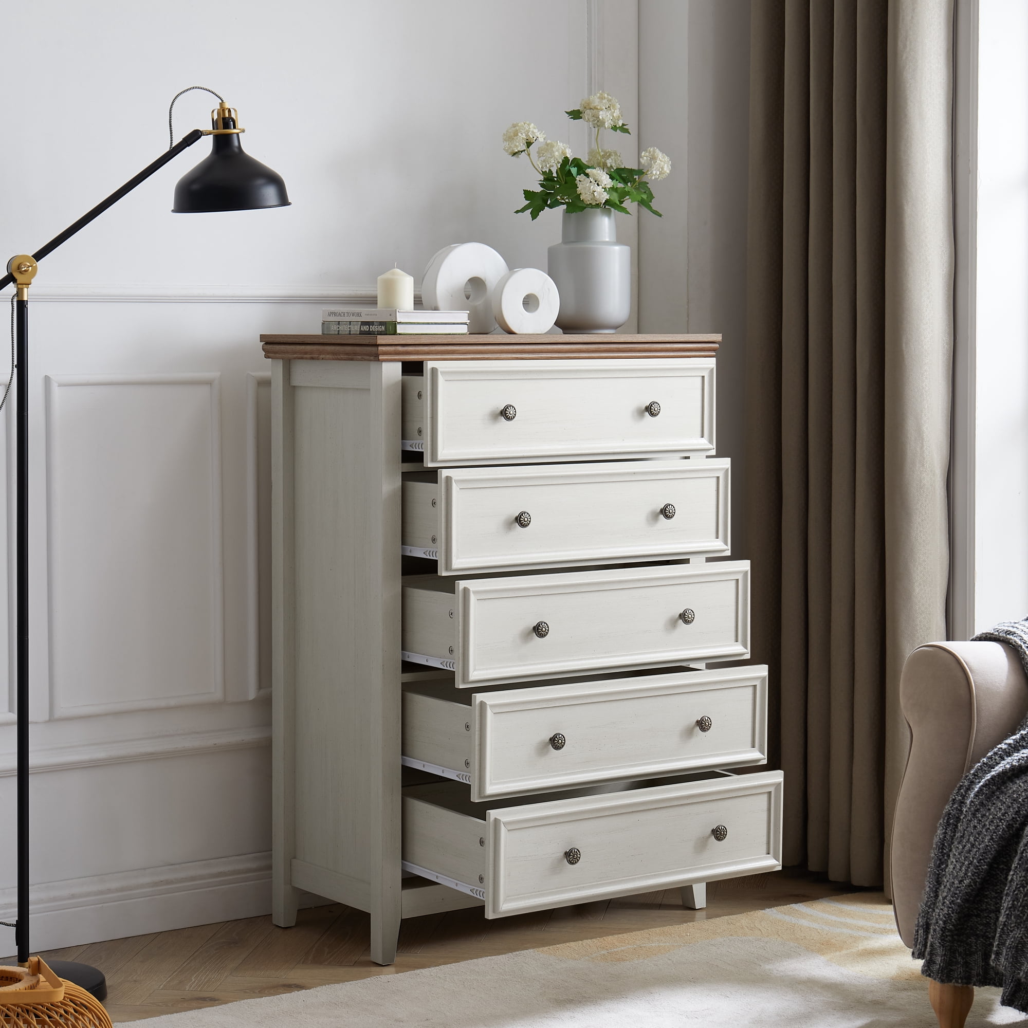 Leumius Modern 5 Drawers Dresser, Chest of Drawers Closet Organizers and Storage Clothes Storage Drawers Cabinet for Living Room, Hallway, Bedroom Beige