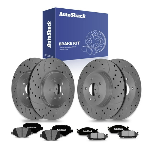 AutoShack Front Vented & Rear Vented Drilled & Slotted Coated Brake Rotors Black Matte Finish   Ceramic Pads 12-PC Brake Kit Replacement for 2015-2019 Ford Explorer 2015 Lincoln MKT BlackShield