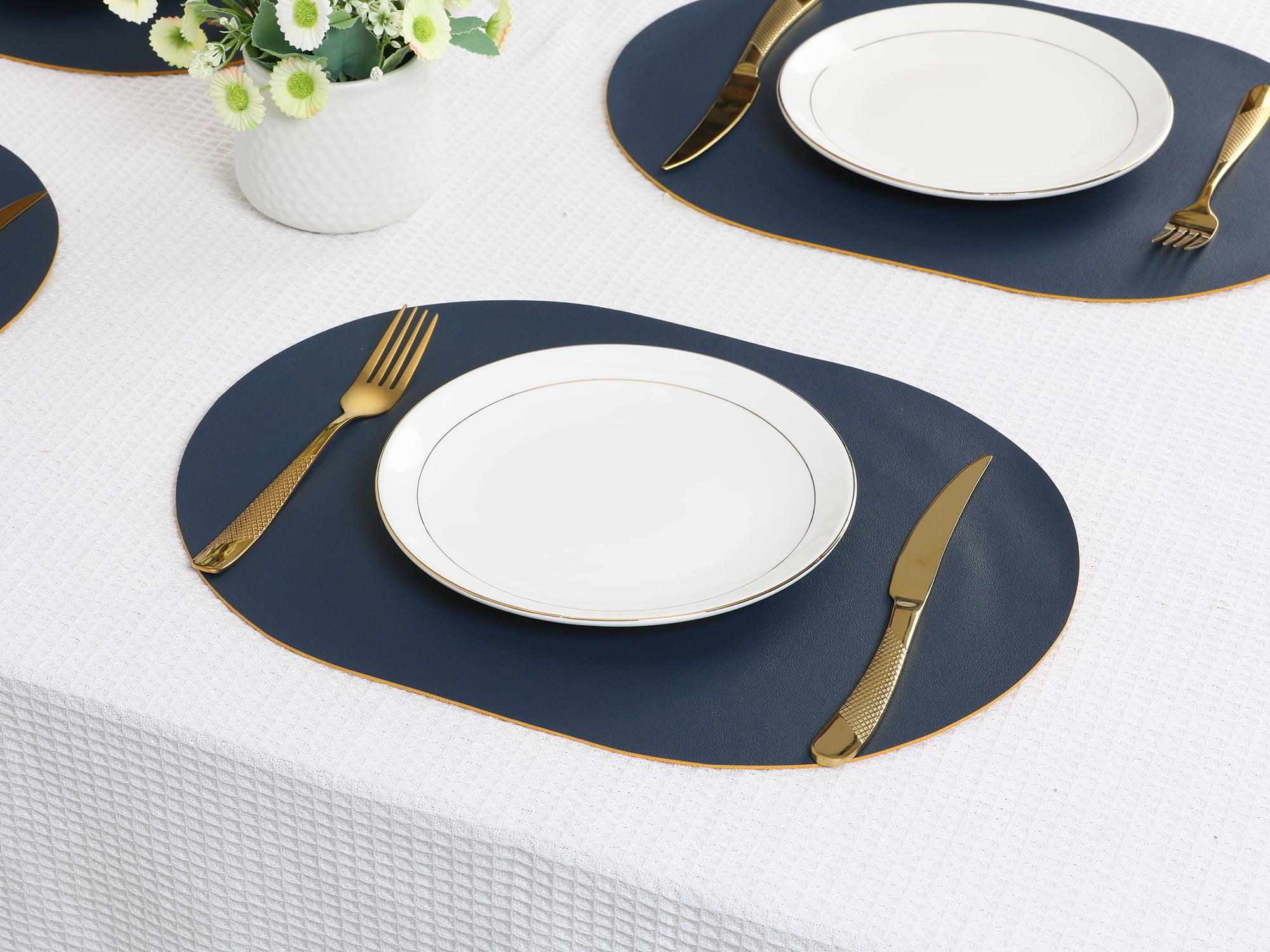 Unique Bargains Set of 6 Leather Table Placemats for Dining Table Decor Navy Blue Yellow