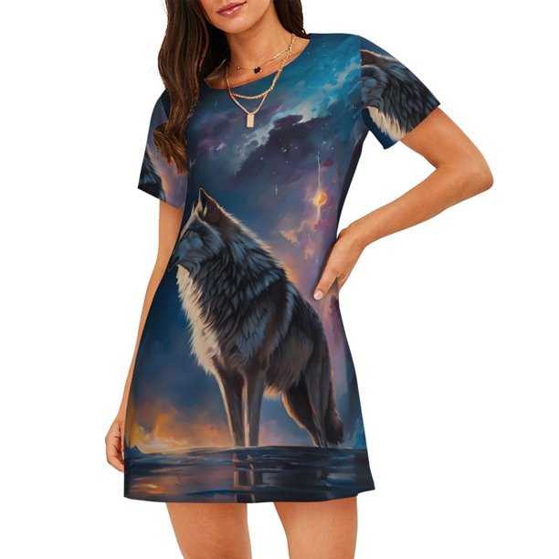 Disketp Night Sky Wolf para Camisón Corto de Manga Corta para Mujeres, Camisón Cómodo con Escote Redondo, Bonito y Confortable