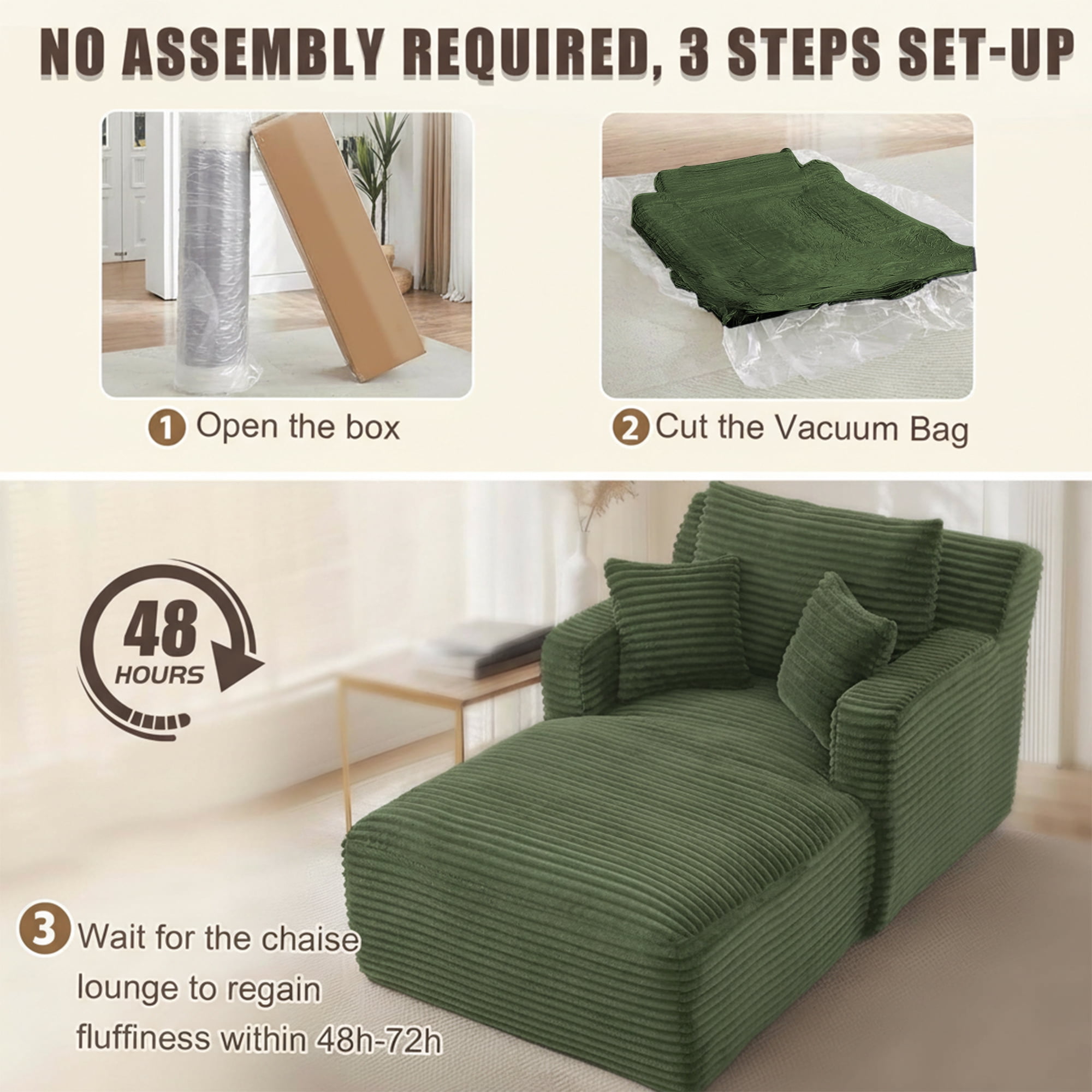 Kosynda 65"D Oversized Chaise Lounge Chair Indoor, Corduroy Upholstered Boneless Sofa Bed with 3 Pillows for Living Room, Green