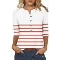 thumbnail image 2 of Womens Tops 3/4 Sleeve Stripe Button V Neck Casual T-shirt Loose Shirt Red L,Tops for Women, 2 of 5