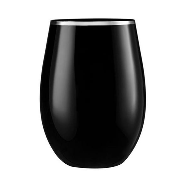 VEZEE Stemless Plastic Wine Goblet 16 oz Black / Silver Rim Pack of 48
