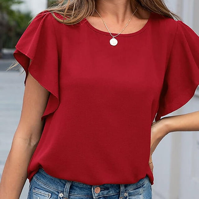 Sentmoon Womens Ruffle Blouse Crew Neck Short Sleeve Tops Cute Bandage Basic Oversized Womens Tops Clothing 2025 Summer Saving