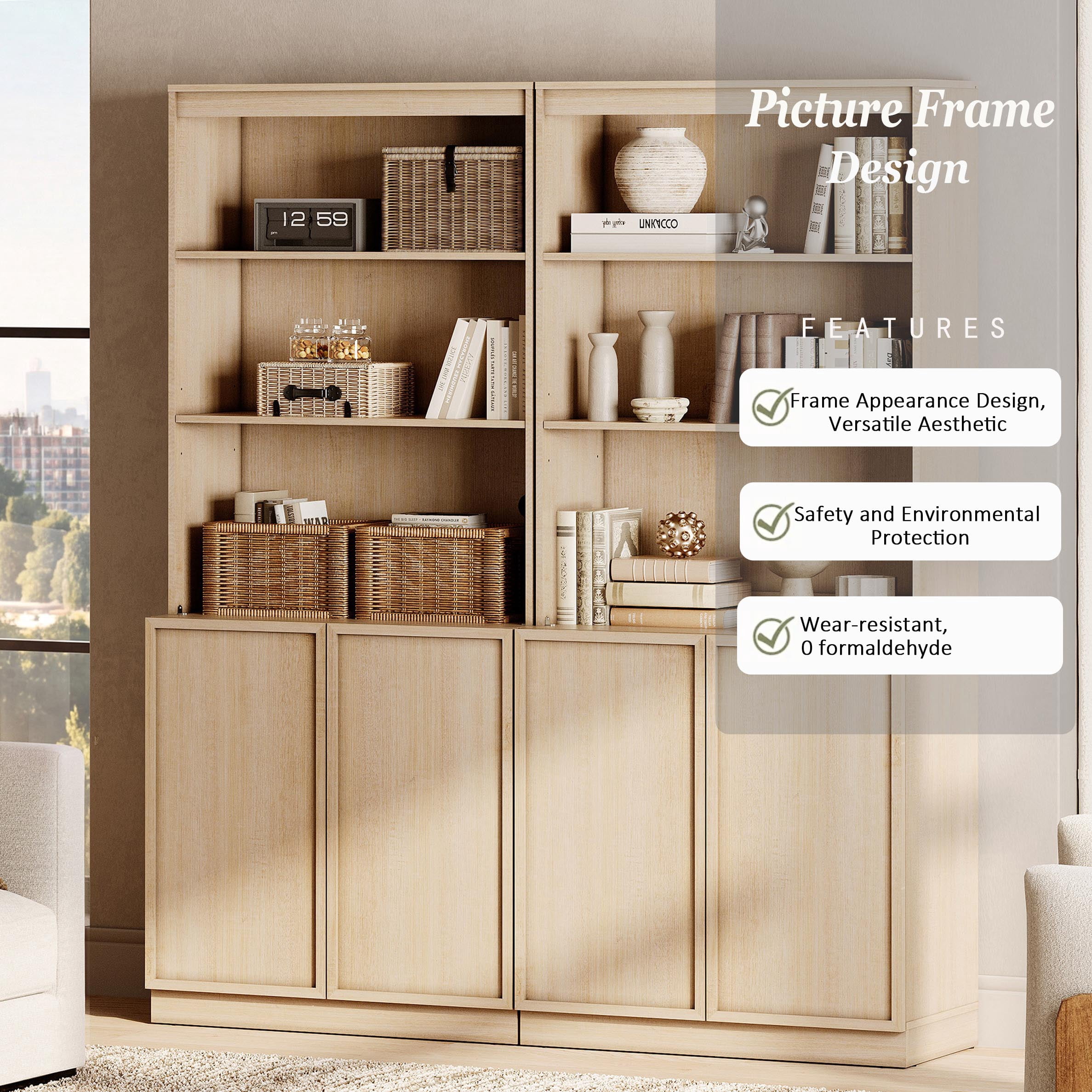 Modern 72" Tall Bookshelf with Storage Cabinet and Open Book Shelves, Wood Book shelf for Home Office, Living room,Beige