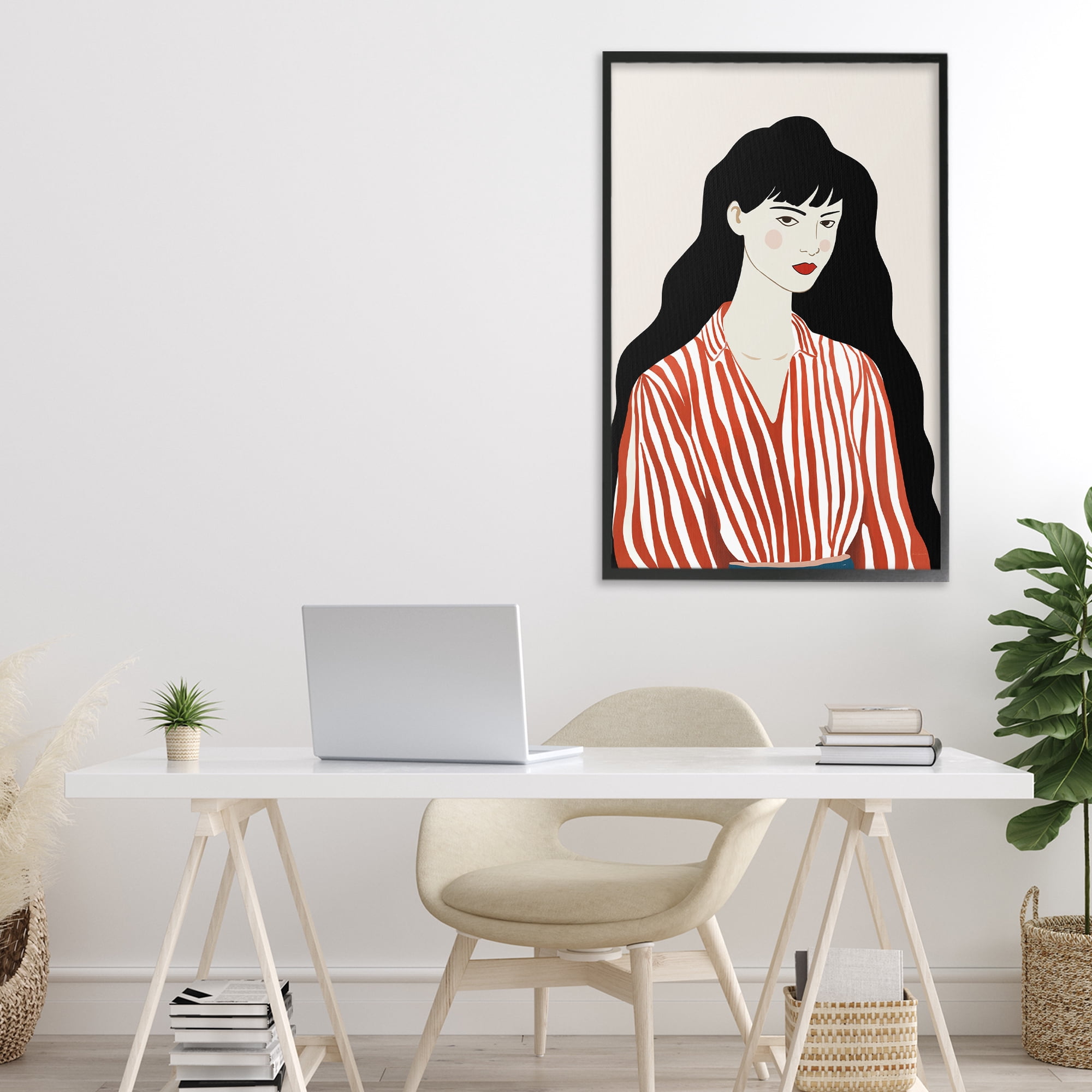 Stupell Industries Woman in Striped Blouse Black Framed Giclee Art, design by Omar Escalante