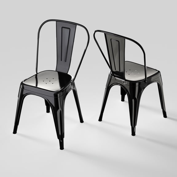 Rivbuio Heavy Duty Metal Dining Chairs Set of 2, Stackable Tolix Style with X-Brace, Commercial Bistro Chair for Restaurant/Kitchen/Patio - Gloss Black