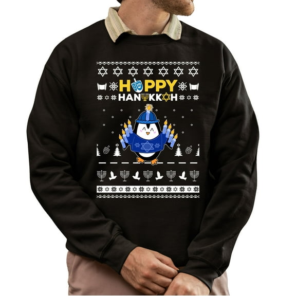 Christmas Sweatshirt, Happy Hanukkah Penguin Funny Holiday Sweatshirt, Witty Flightless Bird Menorah Sweatshirt, Unique Gift for Her & Him