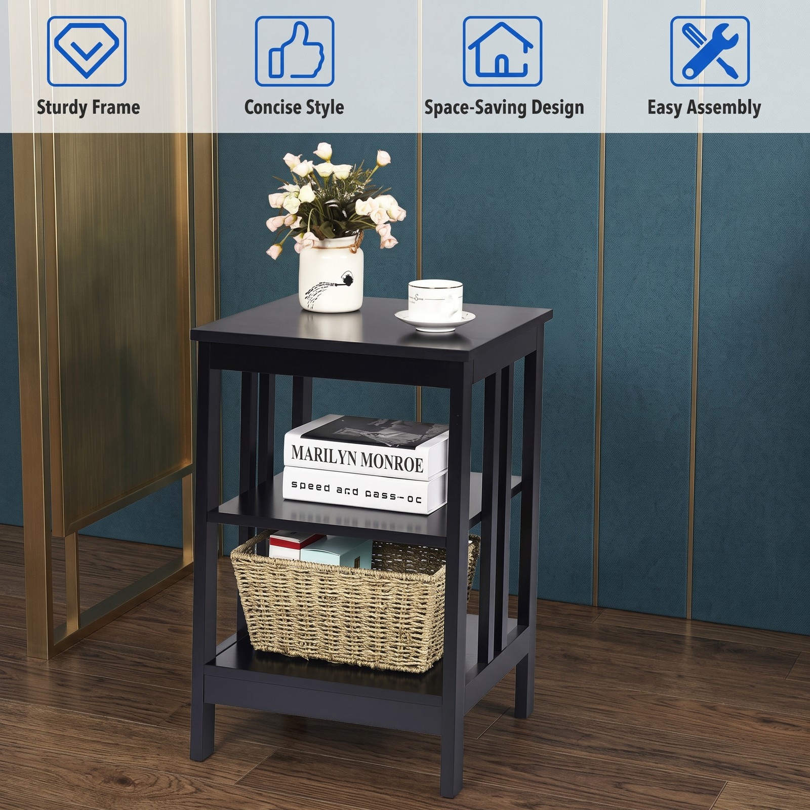Furnibear 2 Pieces 3-Tier Nightstand, MDF Bedside End Side Table with Reinforced Bars, Open Shelf Storage Night Stand for Bedroom Living Room Entryway, Black