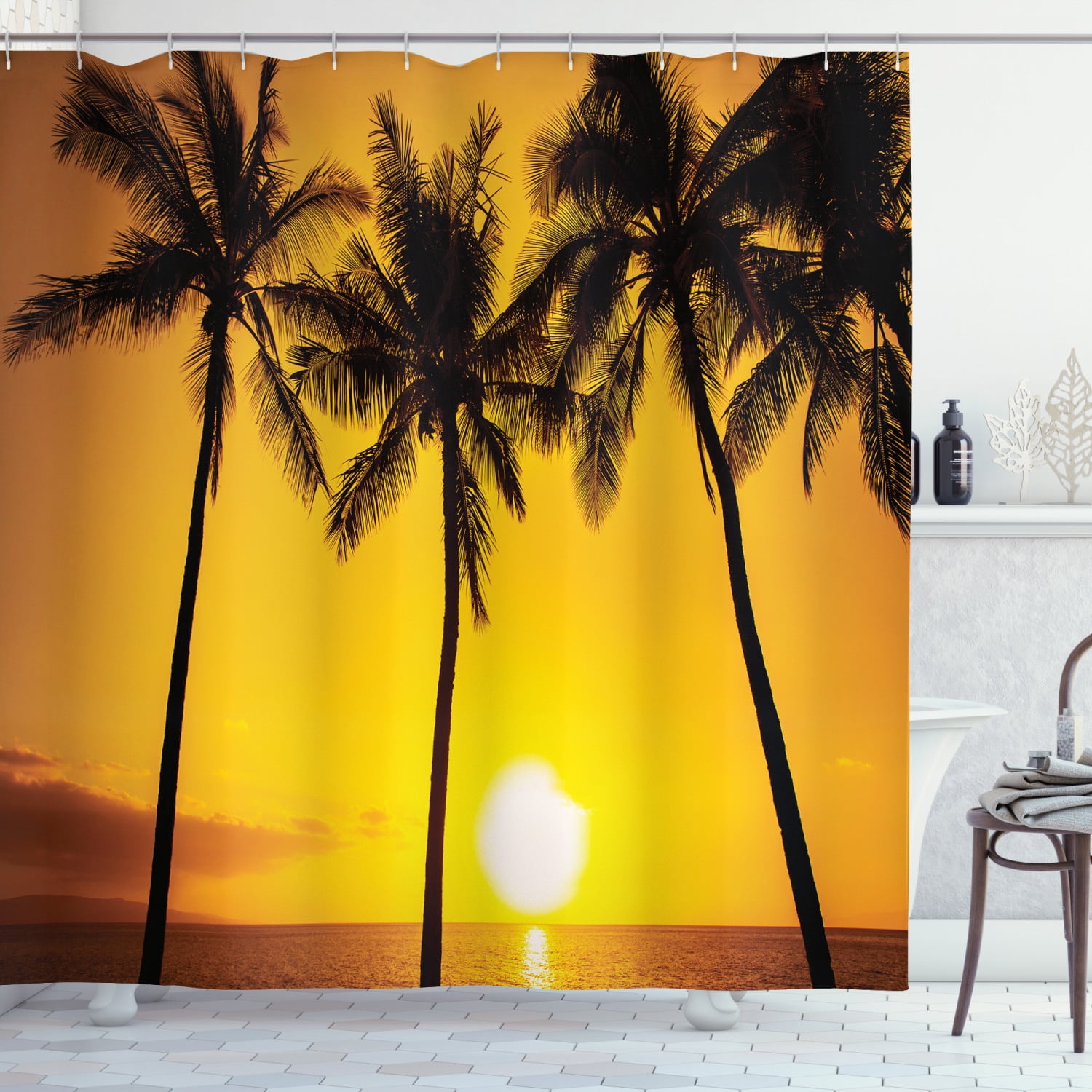 Tropical Shower Curtain, Tropical Sunset Coastal Theme Beach Coconut Trees Exotic Vacation