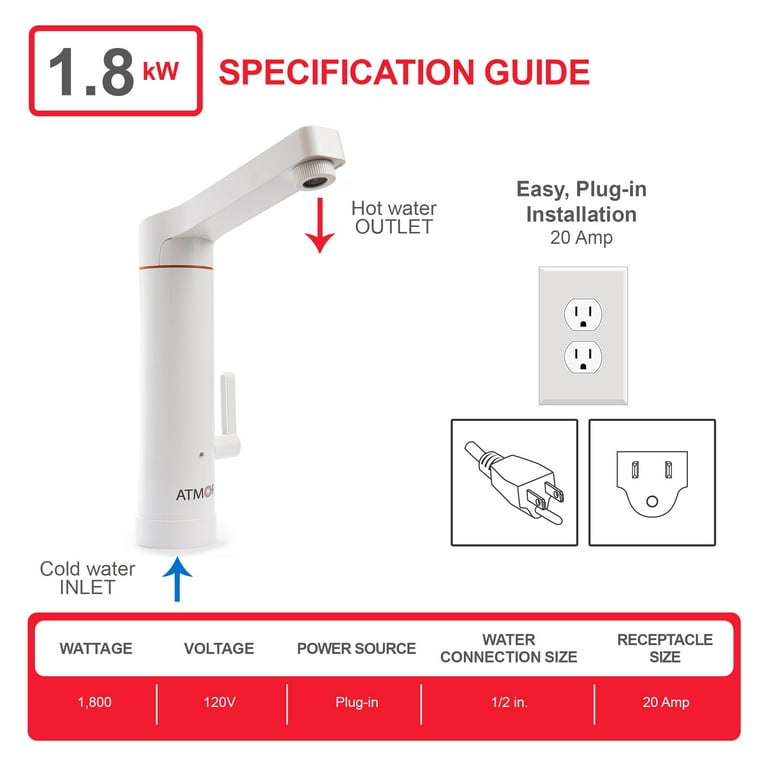 1.8kW 0.5 GPM 2-in-1 Electric Tankless Water Heater / Faucet - Plug-In 1.8kW 0.5 GPM 2-in-1 Electric Tankless Water Heater / Faucet - Plug-In