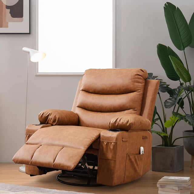 360 Swivel Rocker Chair Small Rocking Recliner for Small Spaces, Upholstered Fabric Glider Nursery Chair with Side Pockets with Cup Holder, Massage and Heat Recliner