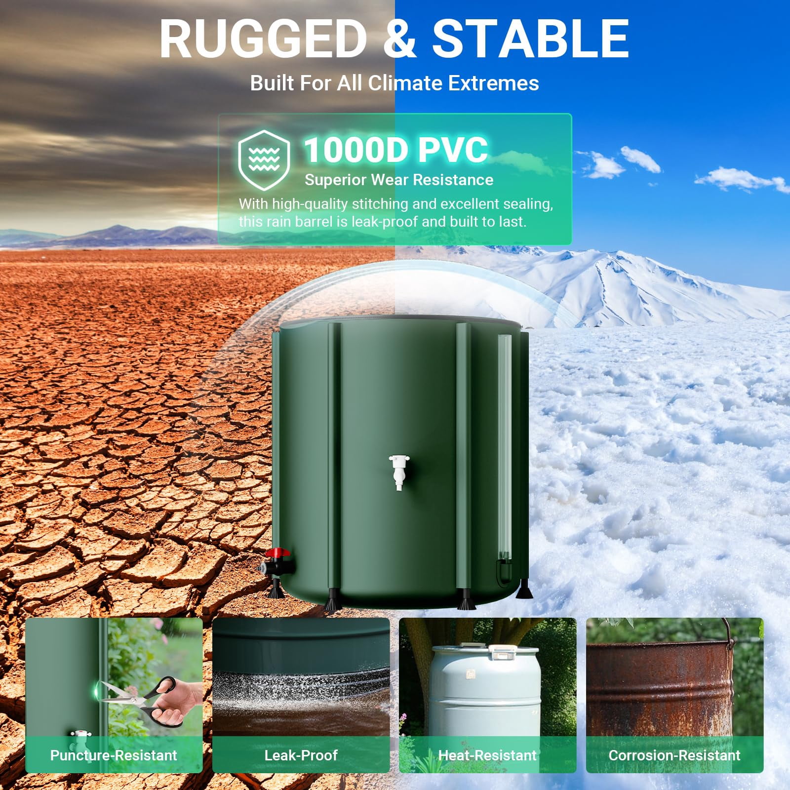 53 Gallon Collapsible Rain Barrel 1000D Rainwater Collection Storage Tank with Garden Hose