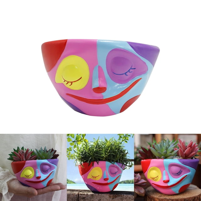 Pot de Fleurs Visage Abstrait Coloré - Jardinière en Résine pour Usage Intérieur et Extérieur Idée Unique pour la Famille avec Trou